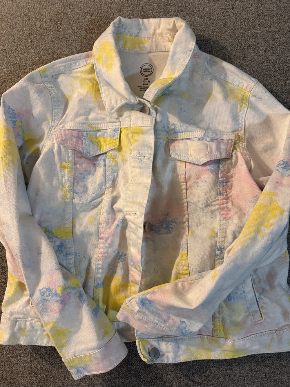 5/$15- White Tie-Dye jean Jacket with Pastel Yellow & Pink Accents